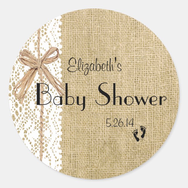 Burlap Lace and Rafia Image Baby Shower-Favour Classic Round Sticker (Front)