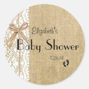 Burlap Lace and Rafia Image Baby Shower-Favour Classic Round Sticker