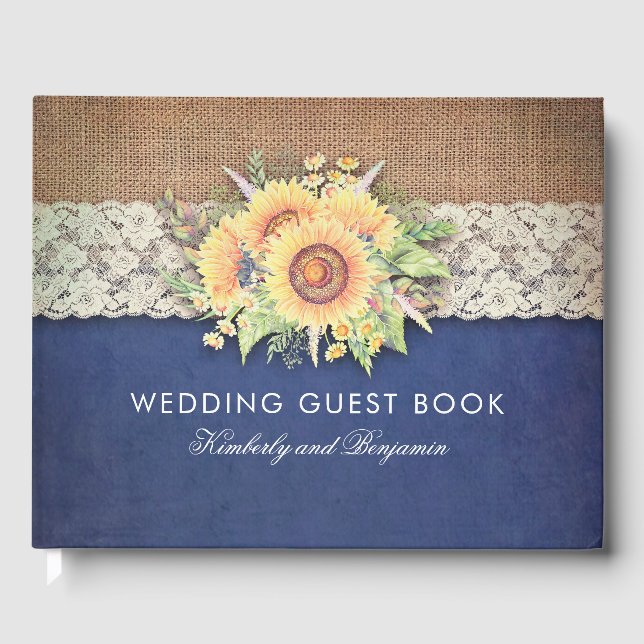 Burlap Lace and Sunflower Navy Rustic Fall Wedding Guest Book (Front)