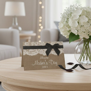 Burlap, Lace & Black Bow Happy Mother's Day Card