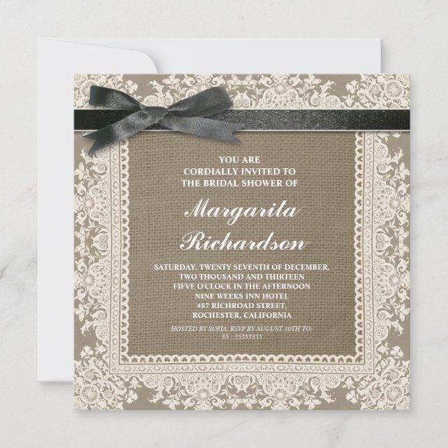 burlap lace & black ribbon bridal shower invites (Front)