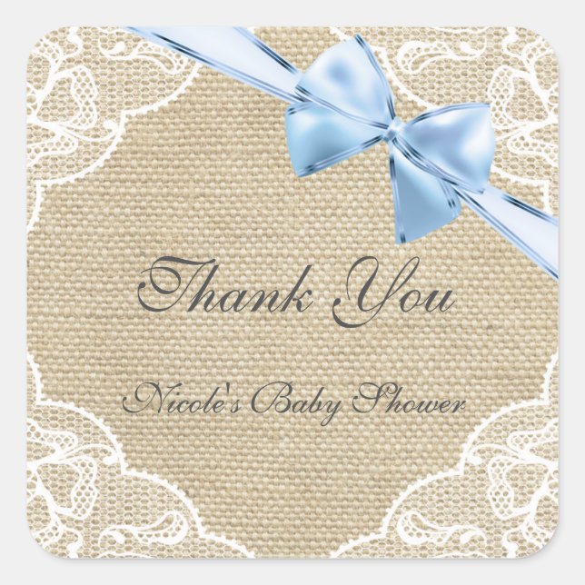 Burlap Lace & Blue Bow Baby Shower Sticker (Front)