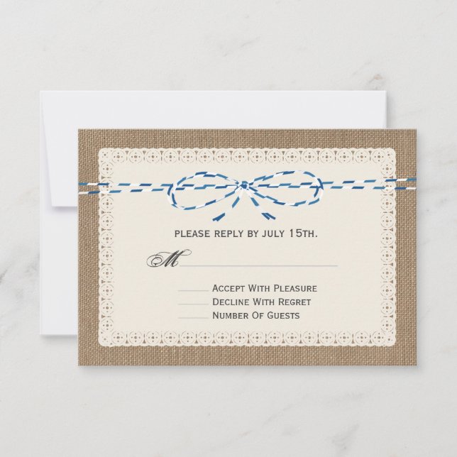 Burlap Lace & Blue Paper String Inspired RSVP (Front)