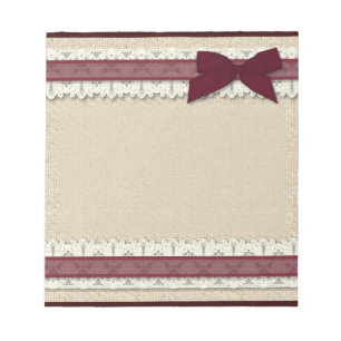 Burlap lace burgundy ribbon bow large notepad