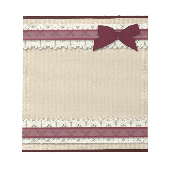 Burlap lace burgundy ribbon bow large notepad (Front)