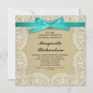 burlap lace & cyan ribbon bridal shower invites