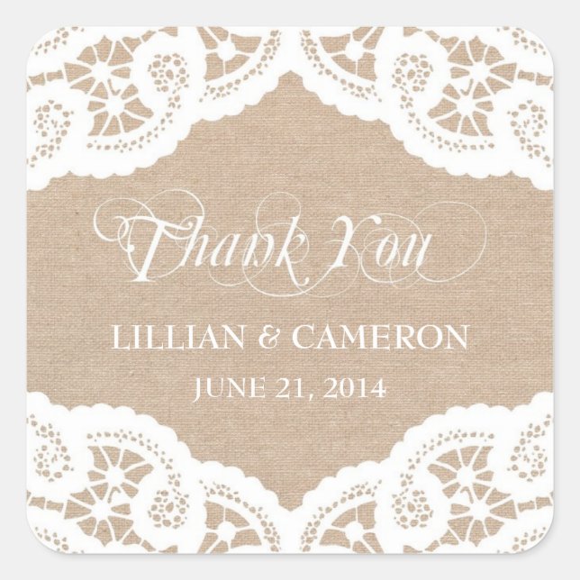 Burlap Lace Doily Thank You Name Stickers (Front)