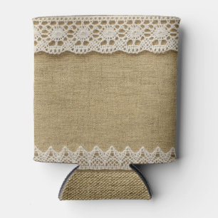 Burlap, lace fabric texture. can cooler
