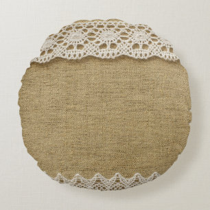 Burlap, lace fabric texture. round pillow
