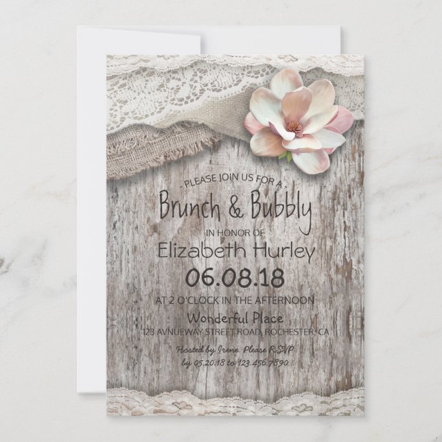 Burlap Lace Floral Brunch and Bubbly Bridal Shower Invitation (Front)