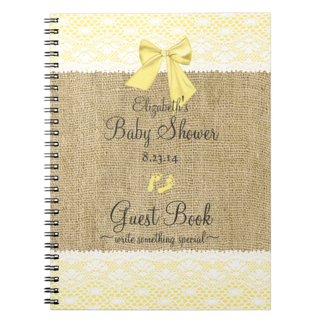 Burlap, Lace Image Yellow Bow Shower Guest Book- Notebook (Front)