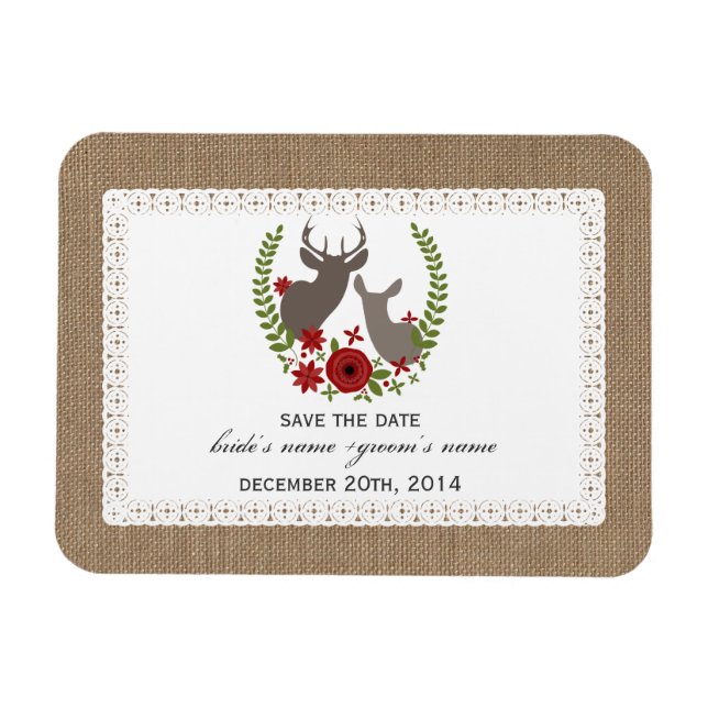 Burlap + Lace Inspired Deer Christmas Save Date Magnet (Horizontal)
