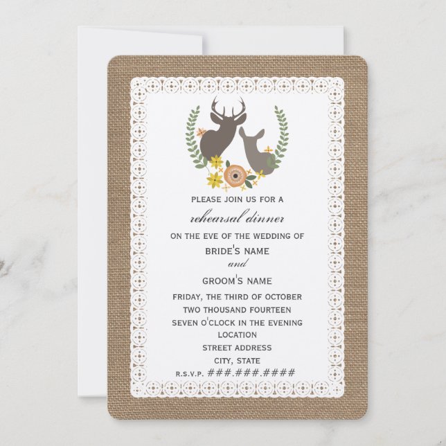 Burlap + Lace Inspired Deer Fall Rehearsal Invitation (Front)