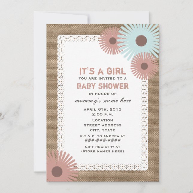 Burlap & Lace Inspired Floral Baby Shower Invite (Front)