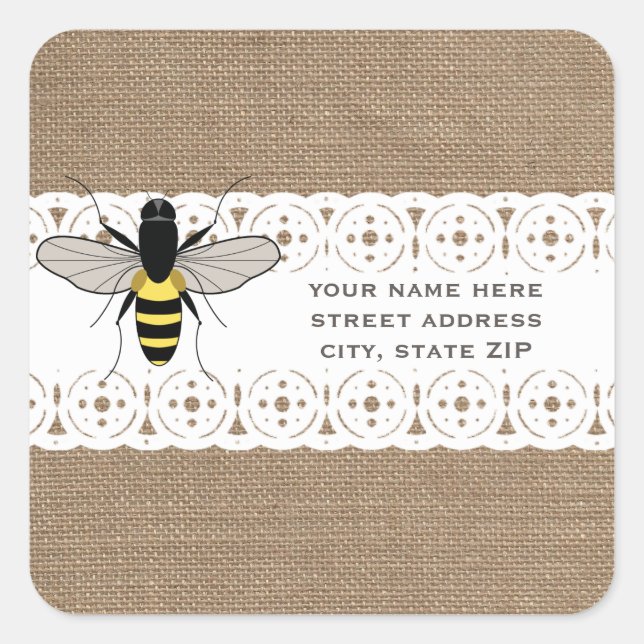 Burlap & Lace Inspired Honey Bee Address Square Sticker (Front)