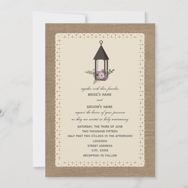 Burlap & Lace Inspired Lavender Floral Lantern Invitation (Front)