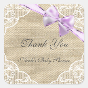 Burlap Lace & Lavender Bow Baby Shower Sticker