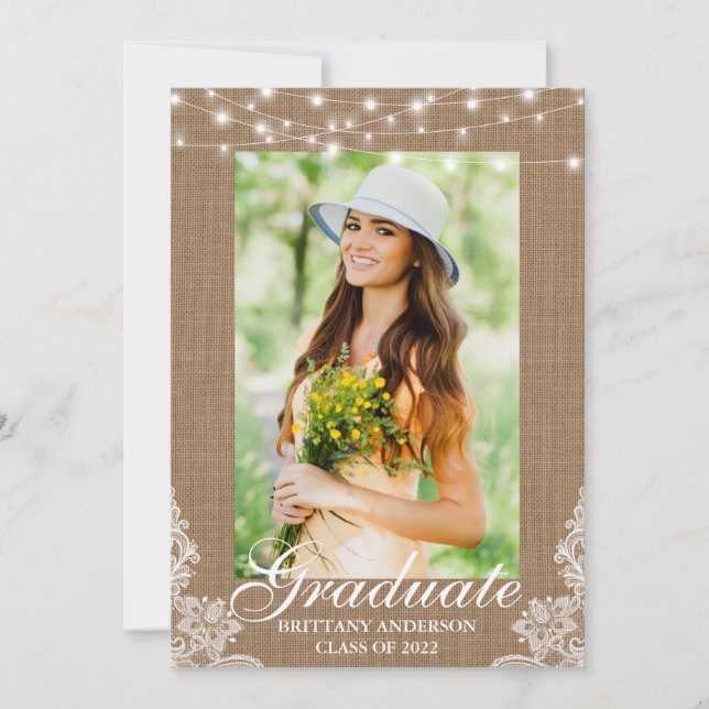 Burlap Lace Lights Photo Graduation Announcement (Front)