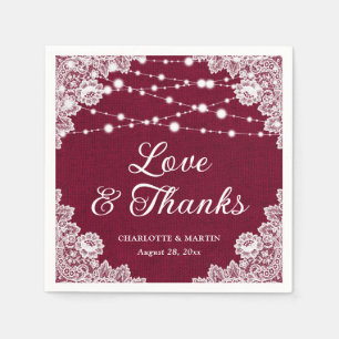 Burlap Lace Love and Thanks Burgundy Wedding Napkin