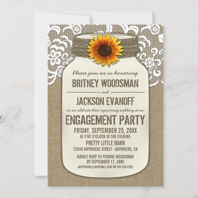 Burlap Lace Mason Jar Engagement Party Invitations (Front)