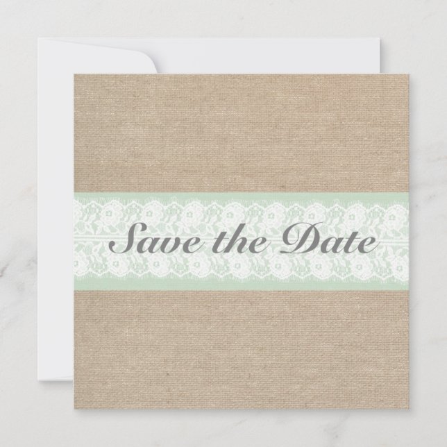 Burlap & Lace Mint Customizable Save The Date (Front)