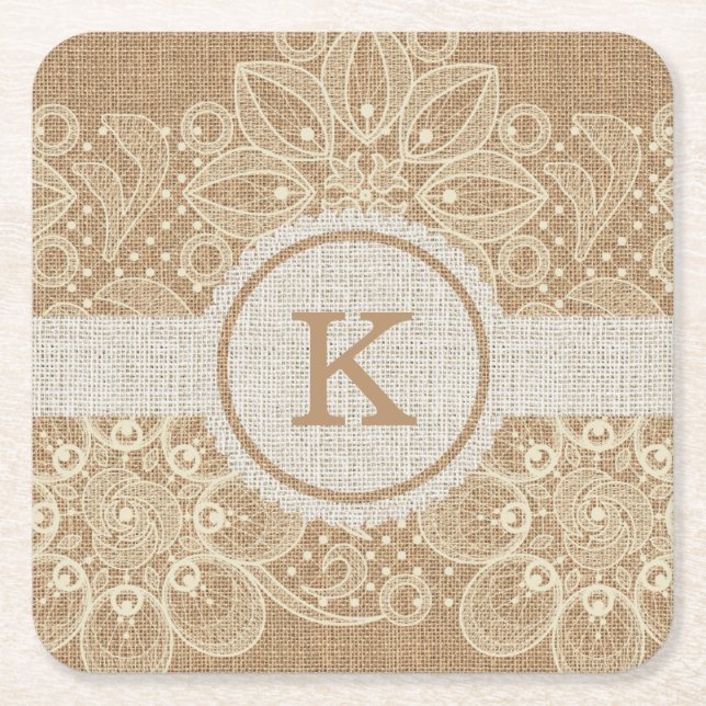 Burlap & Lace Monogram Coaster (Front)