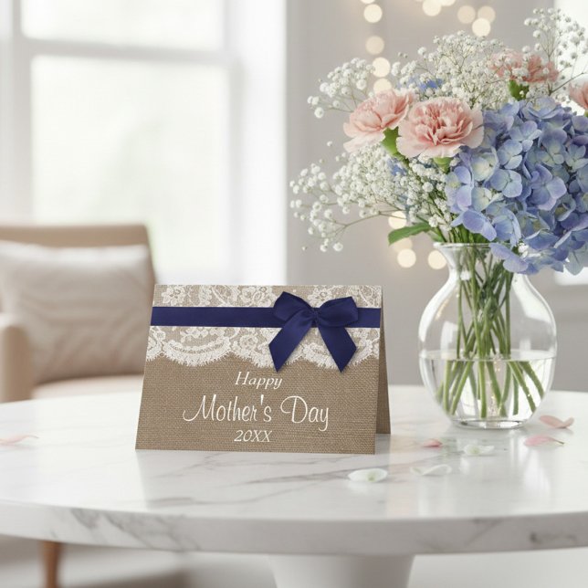 Burlap, Lace & Navy Bow Happy Mother's Day Card (Creator Uploaded)