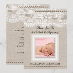 Burlap Lace Photo Baptism/Christening Invitation