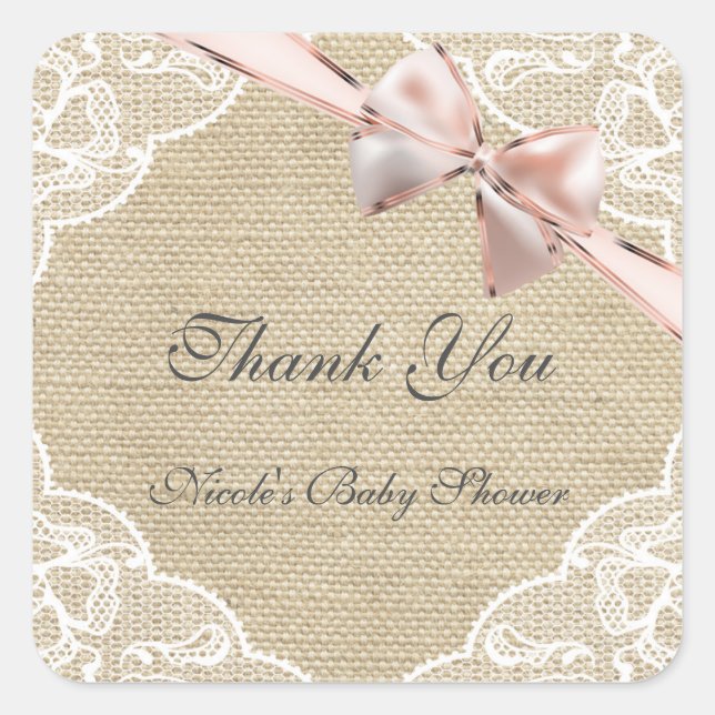 Burlap Lace & Pink Bow Baby Shower Sticker (Front)