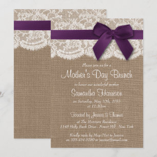 Burlap, Lace & Purple Bow Mother's Day Brunch Invitation