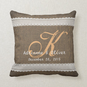 Burlap Lace Rustic Country Wedding Monogram Throw Pillow