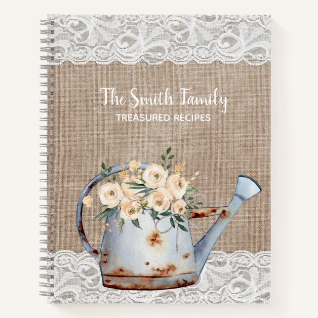 Burlap Lace Rustic Vintage Teapot White Flowers Notebook (Front)