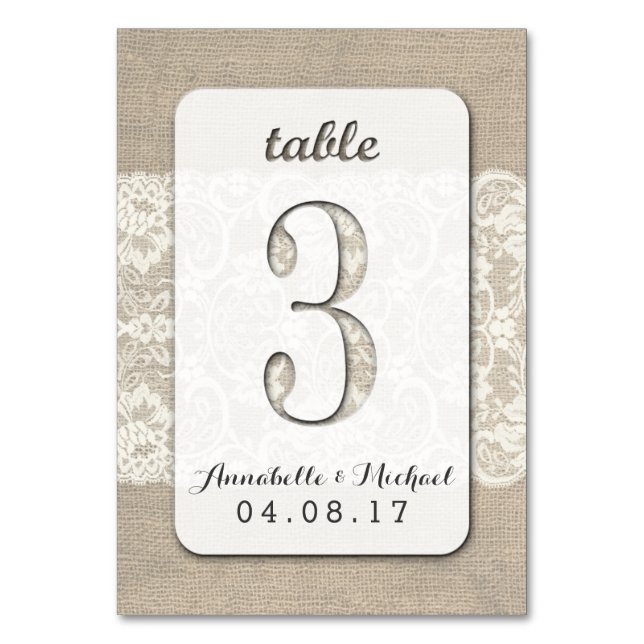 Burlap Lace Rustic Wedding Table Number Card 3 (Front)
