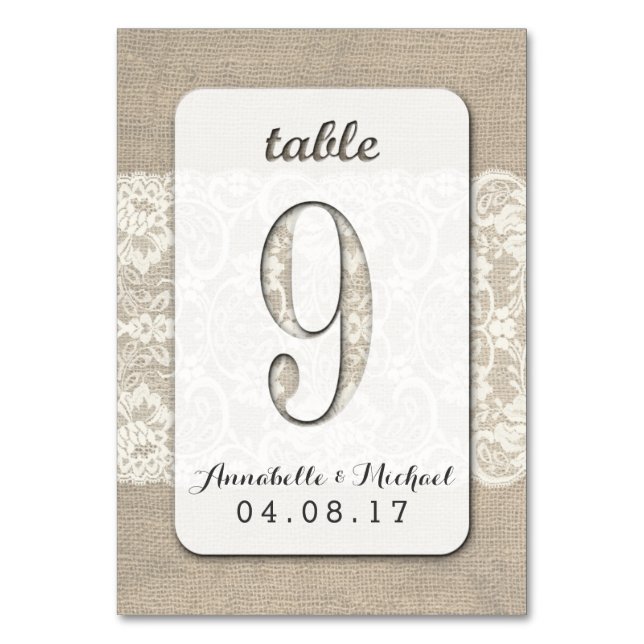Burlap Lace Rustique Mariage Numéro de table Carte (Par défaut)