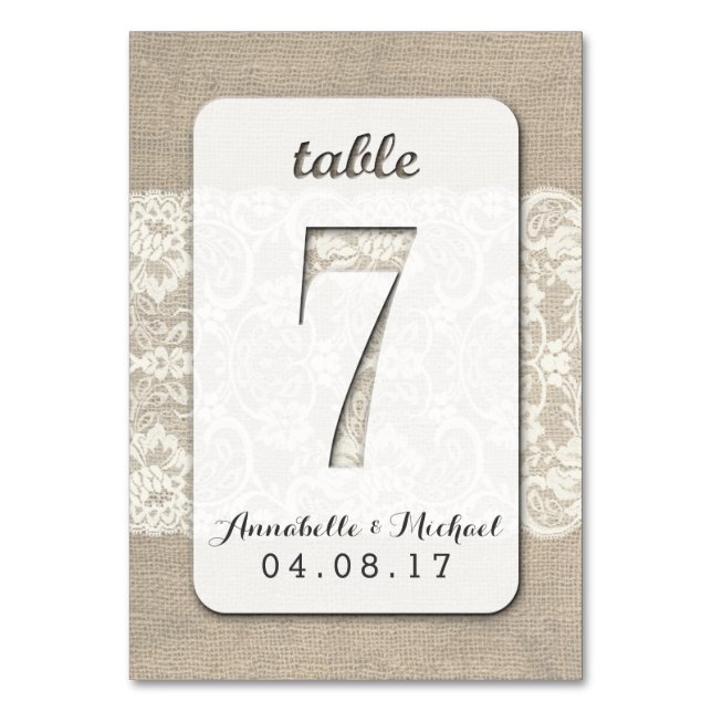 Burlap Lace Rustique Mariage Numéro de table Carte (Par défaut)