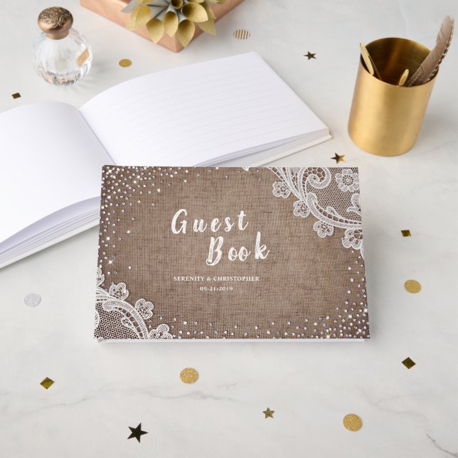 Burlap Lace silver glitter rustic country Wedding Guest Book (Front Open)