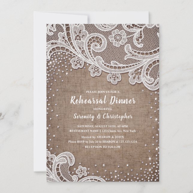 Burlap Lace silver glitter rustic rehearsal dinner Invitation (Front)