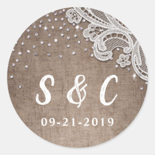 Burlap Lace silver glitter rustic Wedding monogram Classic Round Sticker