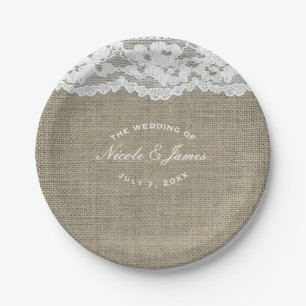 Burlap & Lace Simple Rustic Elegant Wedding Custom Paper Plate