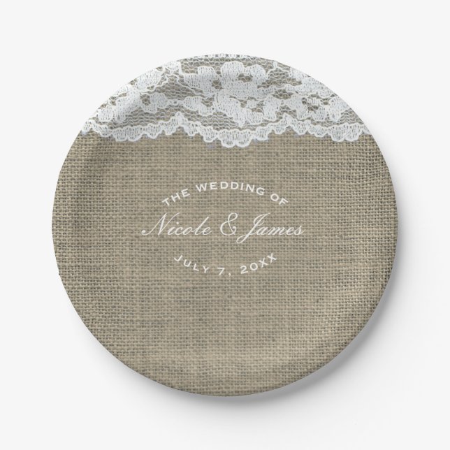 Burlap & Lace Simple Rustic Elegant Wedding Custom Paper Plate (Front)