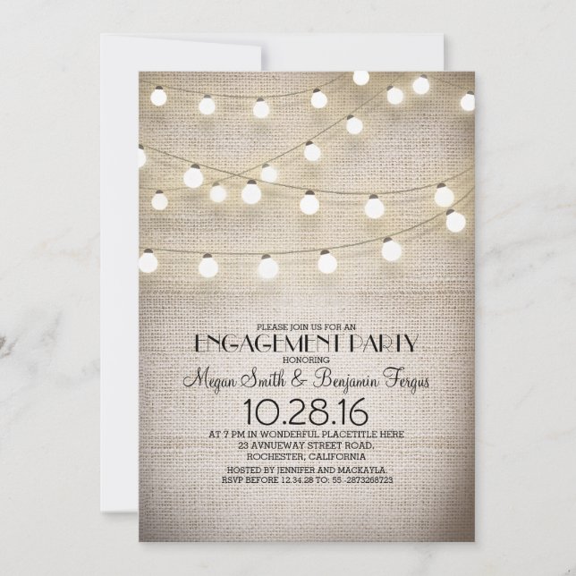 burlap lace string lights rustic engagement party invitation (Front)