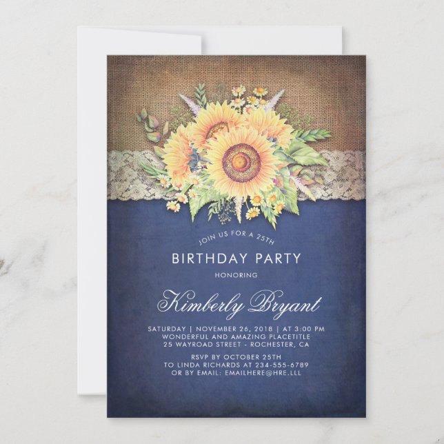 Burlap Lace Sunflower Navy Rustic Birthday Party Invitation (Front)