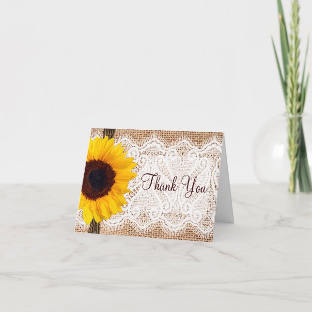 Burlap Lace Sunflower Thank You Cards (Front)