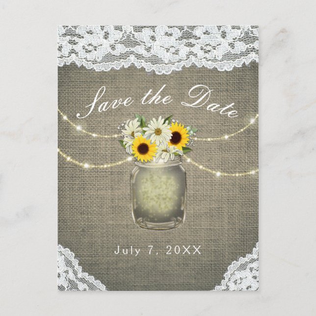 Burlap Lace Sunflowers Daisies Mason Save the Date Announcement Postcard (Front)