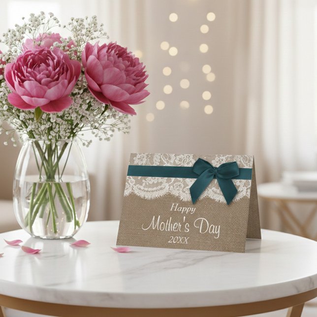 Burlap, Lace & Teal Bow Happy Mother's Day Card (Creator Uploaded)