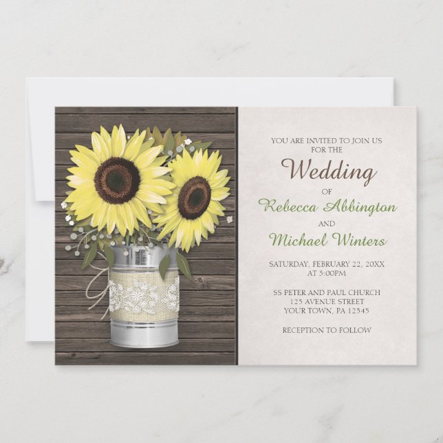 Burlap & Lace Tin Can Sunflower Wedding Invitation (Front)