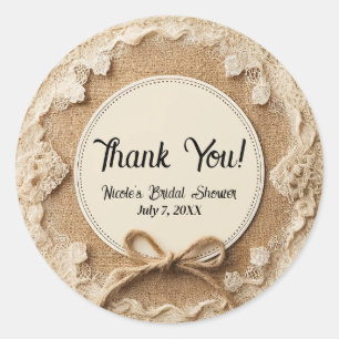 Burlap Lace & Twine Bow Rustic Bridal Shower Classic Round Sticker
