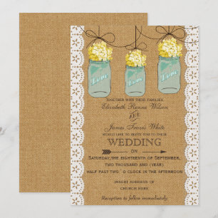 Burlap Lace yellow hydrangeas mason jars invites