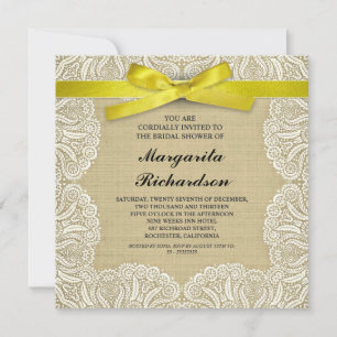 burlap lace & yellow ribbon bridal shower invites