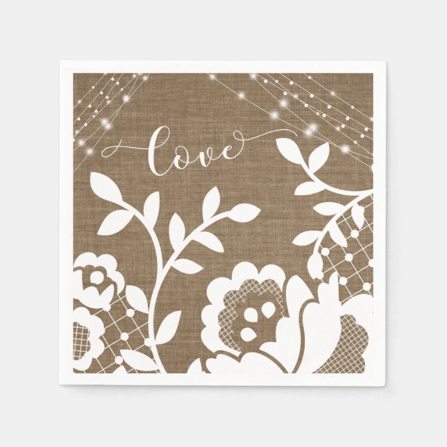 Burlap Lights & White Lace Love Typography Napkin (Front)